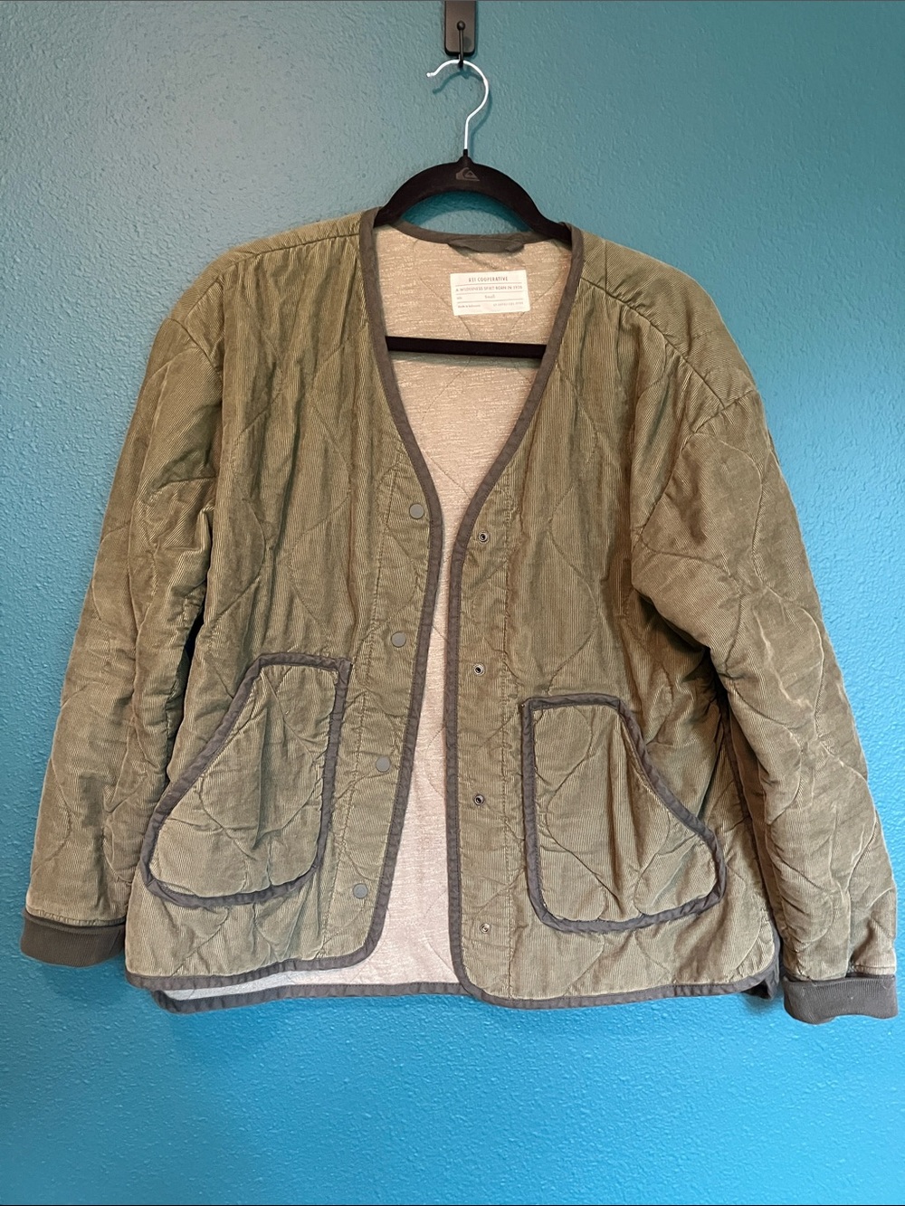 REI Co-op Olive Quilted Liner Jacket | Corduroy Snap Detail